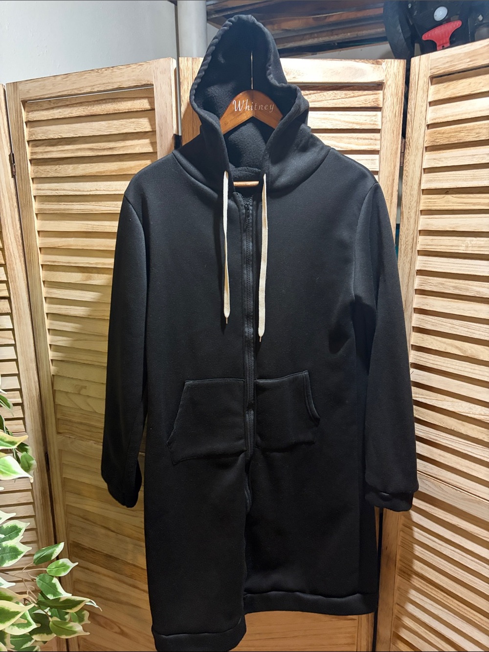 Black Long Zip-Up Hoodie Coat with Drawstring